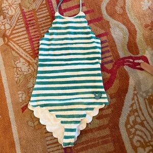 marysia MOTT MAILLOT green striped halter neck swimsuit one piece size large L